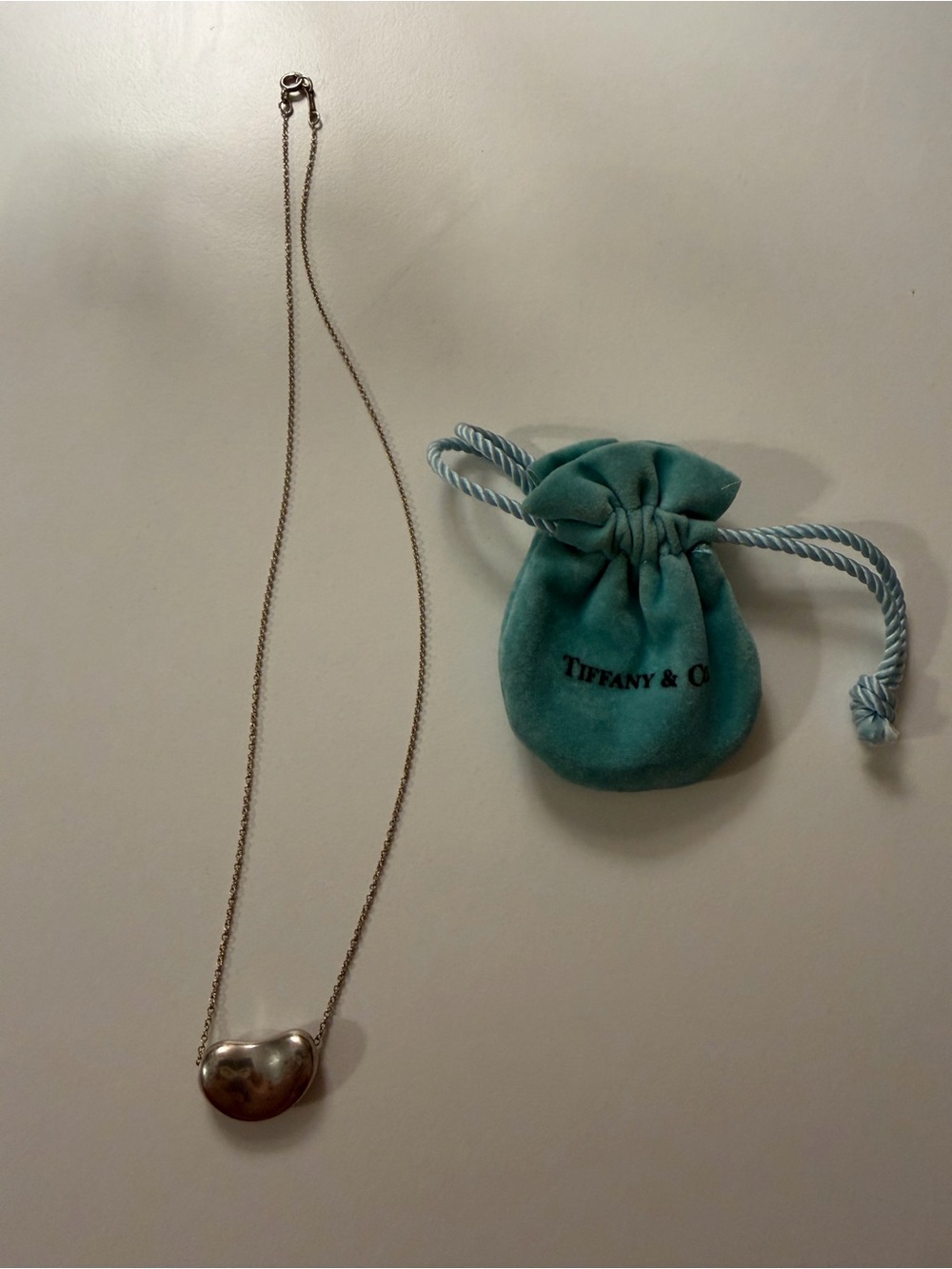 Tiffany & Co. Silver Bean Pendant 17” Necklace with Blue Pouch